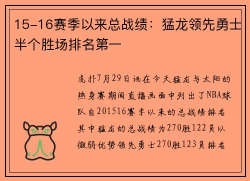 15-16赛季以来总战绩：猛龙领先勇士半个胜场排名第一